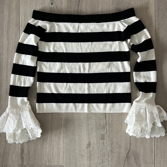 English factory lace ruffle sleeve striped off the shoulder top - Picture 3 of 13